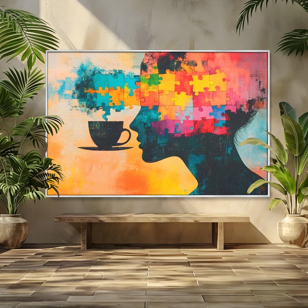 Tablou canvas cu tablou canvas cu silueta de femeie si puzzle, in rama de aluminiu argintiu
